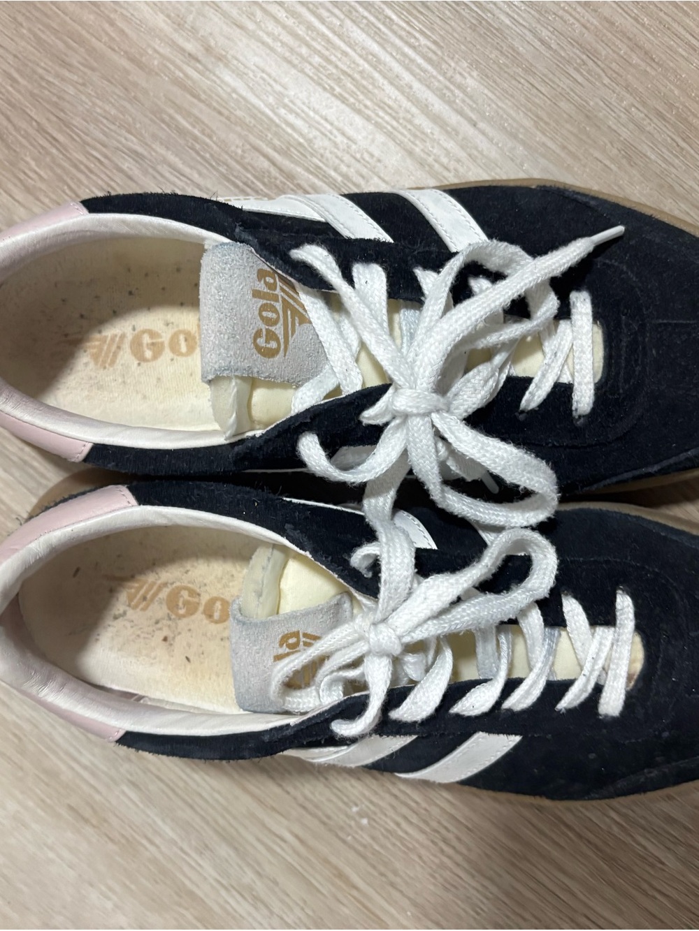 Gola Black Suede Sneakers with White Stripes and Pink Heel